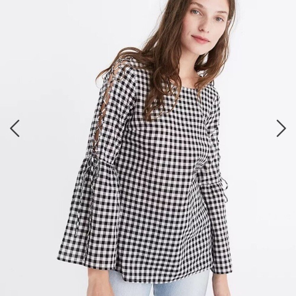Madewell Gingham Bell Sleeve Top Peasant Boho Preppy Lace Up Bow Blouse Cottage